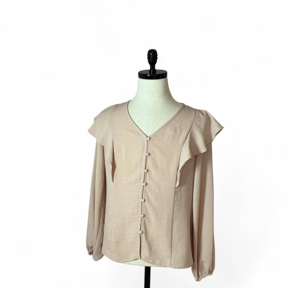 Nine West Ruffle Shoulder Button Front Blouse Womens S Victorian Long Sleeve